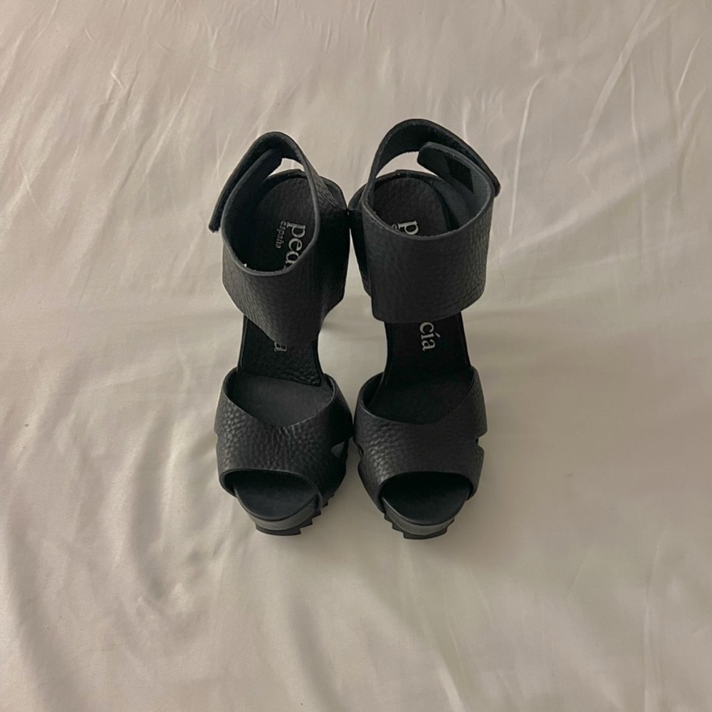 Pedro Garcia Black Leather “Penny” Peep-Toe Stiletto Platform Heels